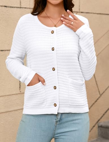Women's Button Down Cardigan Sweater Chunky Open Front Crew Neck Causal Long Sleeve Knit Outwear with Pockets4