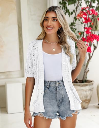 Image of Zeagoo Women's Short Sleeve 2026 Summer Crochet Cropped Cardigan V Neck Button up Bolero Shrug Sweater