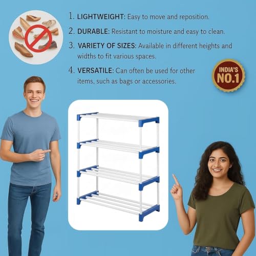 Image of 4 Tier Shoe Rack with Shelf, Thick Strong Pipes for Heavy Load Multipurpose Organizer Rack Shoe, Cloth & Book Storage Shelf for Home, Balcony, Living Room & Workspace