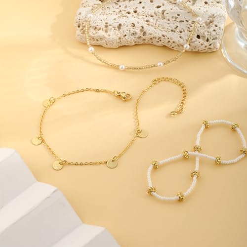 Image of BERISO 14K Gold Anklets for Women, Waterproof Pearl Beads Rhinestone Anklets Set, Layered Anklet Bracelets for Women, Gold Jewelry
