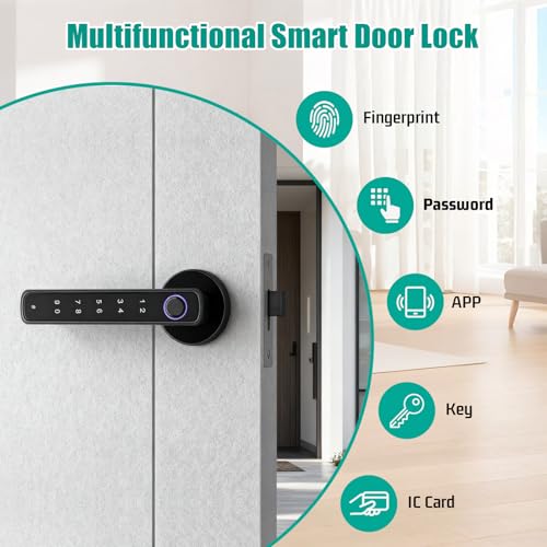 Smart Door Lock, Front Door Fingerprint Door Locks, Digital Door Handle Lock with Voice Broadcast, APP Unlocking, Two Keys, Suitable for Bedroom, Office, Hotel - Image 3