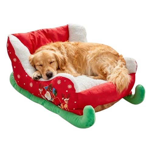 Lit de Noël pour chien – Lit en peluche pour animal domestique – Antidérapant – En forme de traîneau mignon – Coussin chaud pour chambre à coucher,...