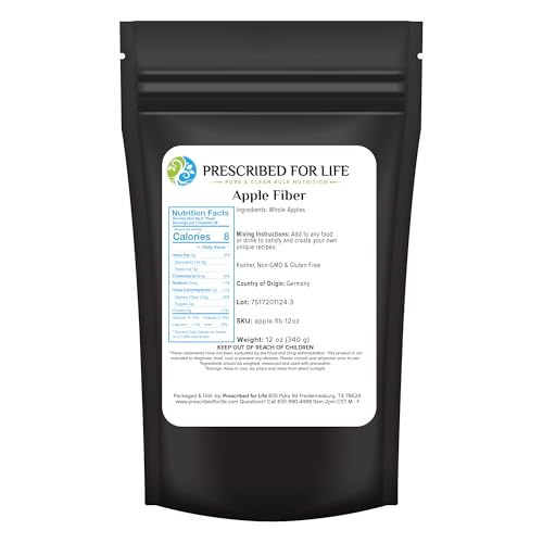 Prescribed For Life Apple Fiber Powder, Natural Apple Pectin Fiber Supplement for Digestive Health, Vegan, Non GMO, Gluten Free (12oz / 340g)
