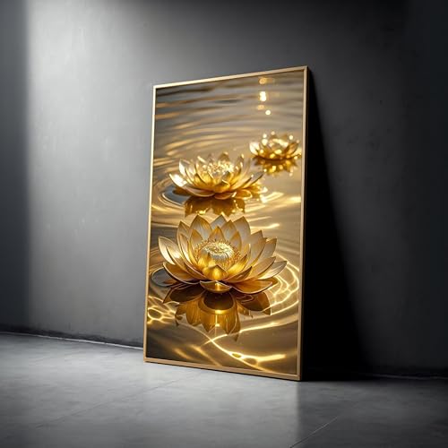 Tableau sur toile fleurs de lotus dorées pour sublimer un mur de salon vide