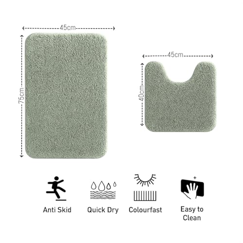 Image of LUXE HOME INTERNATIONAL Polyester Contour Bath Mat - Washable, Anti Skid, Water Absorbent Contour Mats for Bathroom, Toilet, Wash Basin & Bathroom Contour Mat Set (Pastel Green, 45x 75 cm & 40x45)