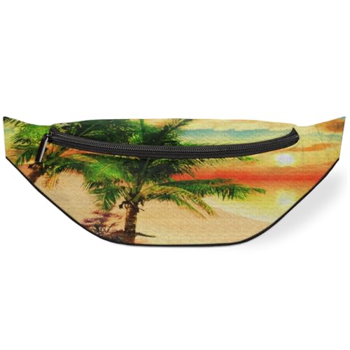 Watercolor Coconut Tree Island Fanny Pack for Women Men Waist Pack Crossbody Bag with Adjustable Belt for Travel Hiking Running Cycling Festivals