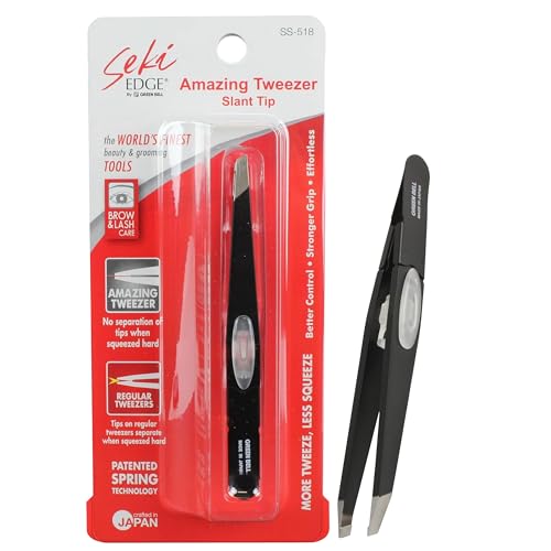 SEKI EDGE SS-518 Amazing Tweezer - Slant Tip with Tension Stopper - Stainless Steel -Black- Crafted with Patented Spring Technology for Precision and Flawless Eyebrow and Hair Removal - Made in Japan