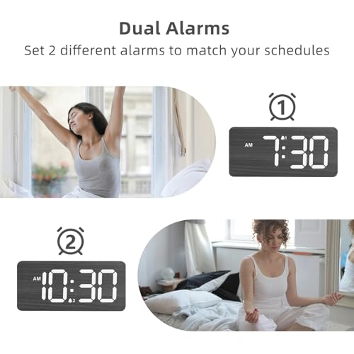 Image of uscce Wooden Digital Alarm Clocks for Bedrooms with 0-100% Dimmable Display | Desk Clock with Large Numbers for Living Room - Loud Dual Alarm for Heavy Sleepers with Volume Control - Wood Decor & Gifts