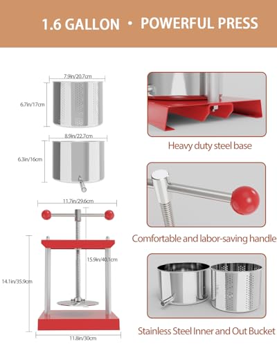 Image of 1.6 Gallon Manual Press - Professional Stainless Steel Fruit & Vegetable Squeezer with Filter Bag - Large 6L Capacity for Honey, Cheese, & Plant Infusions - Heavy Duty Top-Handle Juice Extractor