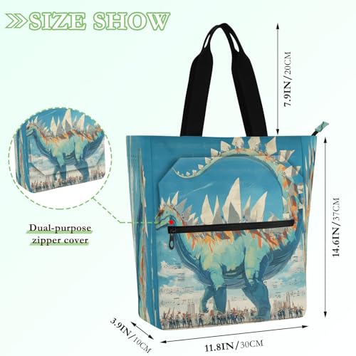 Decorative Children's Book Tote Bag for Boys Girls Adults, Dinosaur Concert Surreal Style Blue Sturdy Library Book Tote Shopping Bag with Zipper Handles for School Shopping Beach Rainbow para2