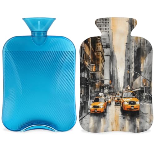 Hot Water Bottle with Soft Cover,2L Watercolor City Hot Water Bag for Hot and Cold Compress, Hand Feet Warmer, Abstract City Rubber Hot or Cold Water Bottle Halloween Christmas Decorations