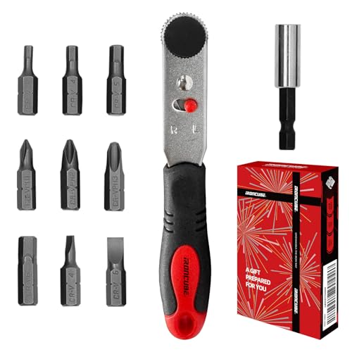 IRONCUBE Angle Ratchet Screwdriver Set: 10 Piece Magnetic Bit with 90 degree Mini Offset Low Profile Reversible Drive Handle – Stocking Stuffers with Gift Box