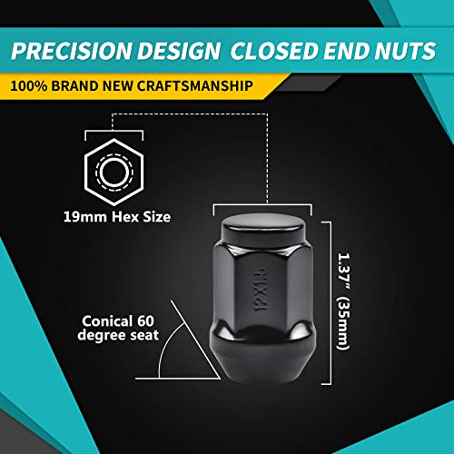 ZOFFI M12 x 1,5 schwarze Acorn Seat Radmuttern passend für die meisten Ford Fiesta Focus Fusion Alufelgen – 20Stück-Pack solide geschlossene M12 x 1,5 Radmuttern