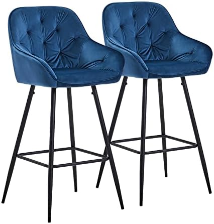 CLIPOP Bar Stools Set of 2 Velvet Thick Padded Breakfast Kitchen Bar Chairs with Armrest and Footrest , High Back Breakfast Bar Stools for Home Kitchen Island Counter (Black)