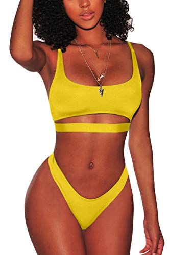 FAFOFA Womens Sexy Bikini Swimwear Outfit Low Scoop Neck Spaghetti Straps Cut Out Underboob Crop Top High Cut Cheeky Bottom 2PCS Swimsuit Beachwear Yellow XL