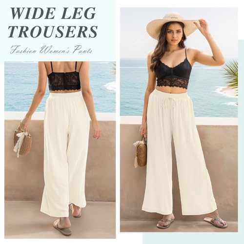 Womens Linen Pants Summer Wide Leg with Pockets Cotton Linen Palazzo Pants High Waist Drawstring Casual Lounge Pant2