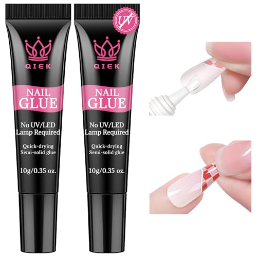 QIEK Nail Glue for Press Ons, 10g*2 Super Strong Bond Semi Solid Glue On Nails, 10s Quick Dry No Curing Needed, High Capacity Press on Semi-Solid Gel Long Lasting 28+ Days Easy to Remove for Beginners
