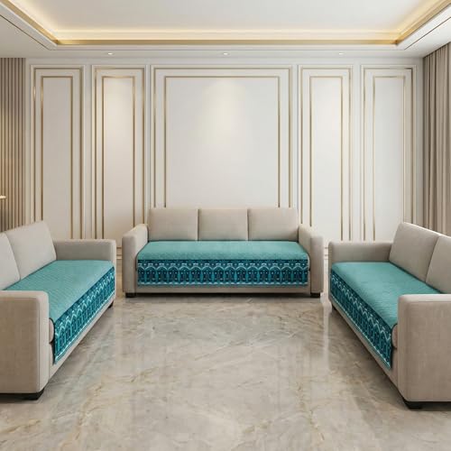 Image of Velvet Quilted Sofa Cover Mat Seat & Back, 3+2+2 Set, Total L161in H32in (3+2+2), Italian Blue Color,Anti Skid Backing, 6in Hanging Strap Design, was, Style -ItalianBlue-S322