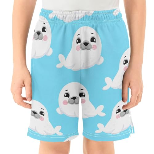 J JOYSAY Cartoon Seal Blue Boys Athletic Shorts Kids Youth Casual Shotrs with Pockets Elastic Waistband2