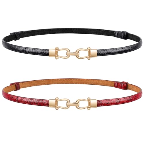 Image of JASGOOD Leather Skinny Belts for Women Plus Size Ladies Thin Waist Belts Adjustable for Jeans Pants Dresses with Gold Buckle