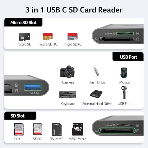 Image of Acer SD Card Reader USB C, 3 in 1 Memory Card Reader with Dual Slots /USB3.0 | Aluminum Micro SD Card Adapter for iPhone 17 /16 /15 Compatible with Camera, Android, MacBook Neo /Pro /Air, Laptop