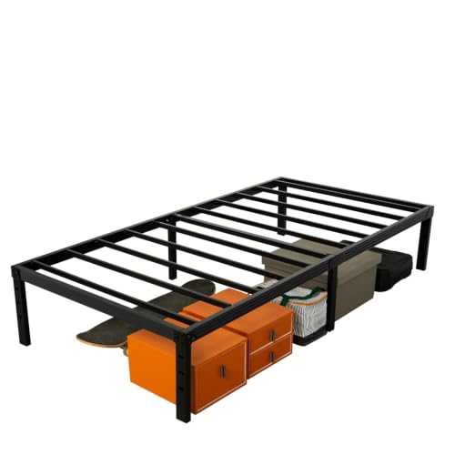 Image of Wulanos Twin Size Bed Frame, 3500lbs Heavy Duty Metal Platform with Steel Slats Support, No Box Spring Needed, 14 inches high Bedframe with Ample Storage, Sturdy and Noise-Free, Black