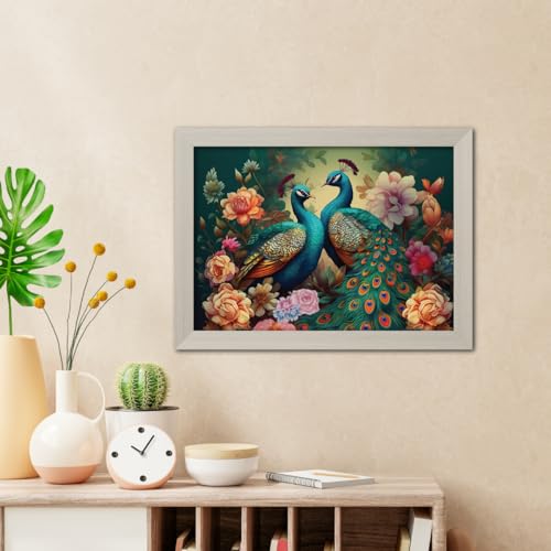 Image of TenorArts Peacock Love Birds Photo Frame Vastu Positivity Aesthetic Wall Painting Lucky Couple Art Frames with White Wooden Texture for Living rooms Office Bedroom - Wall Paintings / Hangings (12inches x 9inches)