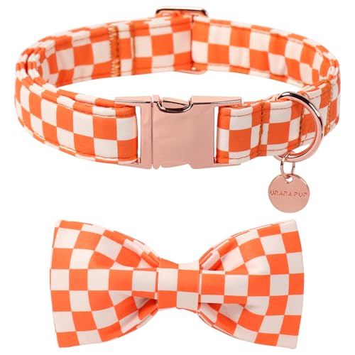 Image of Fall Dog Collar with Bow Tie, Orange Plaid Bowtie Dog Collar, Autumn Bowtie Collars for Puppy Boy Girl Dogs, Comfortable Cotton Dogs Collars with Metal Buckle