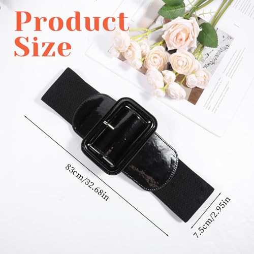 Women Wide Stretchy Belt, Elastic Vintage Belts for Women Vintage Elastic Waist Belt for Dresses Fashion Ladies Waist Belts with Square Buckle Stretchy ThickBelts, 1950s 3 Inch Wide ElasticBelt Black2