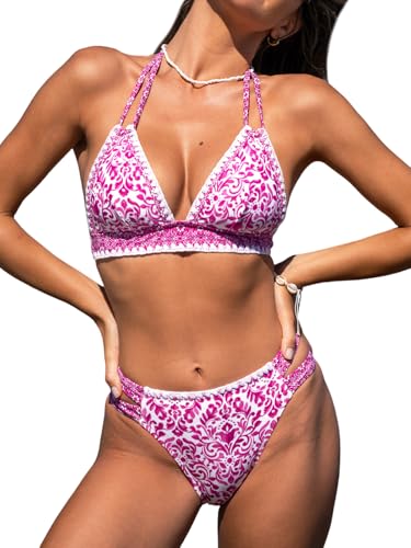 Image of CUPSHE Women's Two Piece V Neck Halter Bikini Sets Stitching Swimsuit | Back Hook,Side Cutout,Cheeky Bottom,Soft Removable Cups,Double Straps,Flattering Bathing Suit For Vacation And Beach