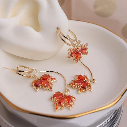 Sonateomber Gold Open Hoop Flower Fall Maple Leaf Drop Dangle Earrings for Women – Elegant Sparkly Crystal Cubic Zirconia Rhinestone Earring Dangling Prom Party Holiday Jewelry Gift4