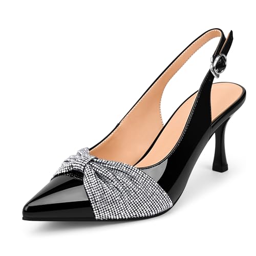 Women's Pointed Toe Slingback High Heels with Rhinestone Bow Patent Leather Dress Shoes for Party & Work