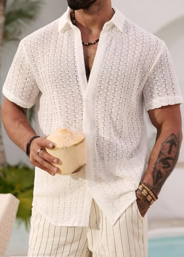 Men's Knit Hollow Out Shirt Casual Summer Vacation Crochet Textured Button Down Shirts (S-XXL)2