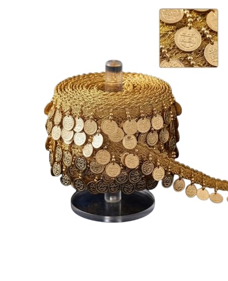 8 Meter Golden Coin Lace Trim for Saree, Lehenga & Dupatta | Decorative Gota Patti Border with Hanging Coin Latkan | Ethnic Sewing Lace for Blouse, Dresses, Craft, Garment & Home Decoration (Gold)-image-48