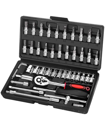 KeZaara 46 Piezas Juego de Llaves de Vaso con Llave Carraca 1/4', Juego de Llaves de Vaso Cromadas, Juego de Llaves de Trinquete y de Tubo Adecuado para Trabajar en Bicicletas y Coches