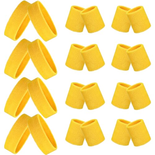 Image of 24 Pieces 80s Neon Sweatbands Set, Include 8 Sports Headbands and 16 Sweat Wristbands Elastic Athletic Tennis Sweat Bands Bulk for Man Woman