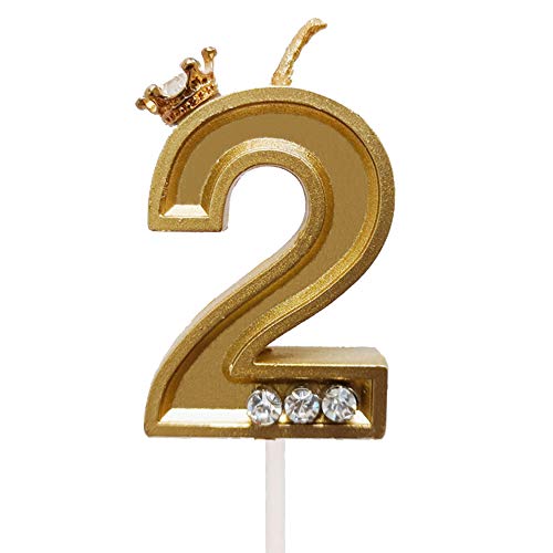 Diamond Crown Handmade 2 Gold Candle Birthday 2nd Happy Birthday Cake Big Large Glitter Bday Candle Cupcake Topper Decoration Boy Girl No Number Second Year Adult Wedding Party