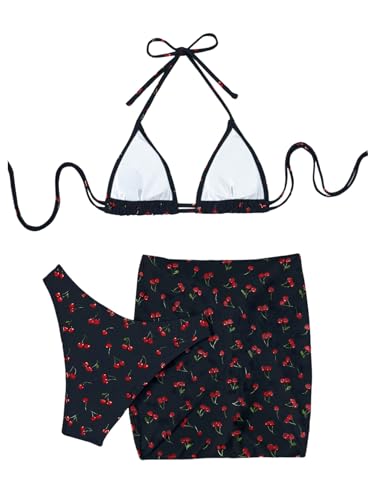 Floerns Women's 3 Piece Bathing Suit Triangle Halter Bikini Set with Beach Skirt3