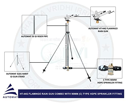Image of AUTOMAT 2 inch INCH RAINGUN Complete Set with HT44G Flamingo RAIN Gun, Complete Connector| 5FT (ISI) GI Riser Pipe| 3LEG Heavy Duty GI Stand (C Type Sprinkler Adapter Set, 90MM (3 inch INCH))
