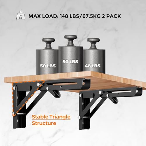 Image of Ravinte 4 Pack 10 Inch Folding Shelf Brackets - Matte Black, Heavy Duty Collapsible Brackets for Tables and Benches - Space-Saving Design