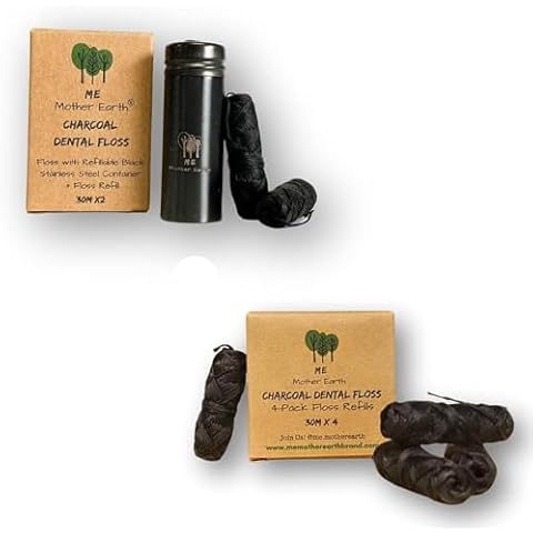 Vegan Biodegradable Bamboo Charcoal Dental Floss with Refillable Black Stainless Steel Container with 30M x4 Refill | Peppermint Essential Oil | Eco Friendly Zero Waste Oral Care Cover