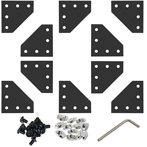 Boeray 10pcs 2020 Series 5 Hole Surface Anodic Oxidation L Shape Plate Outside Corner Bracket Aluminum Profile Connector Set with 50pcs T Nut + 50pcs Hex Screw + 1pcs Wrench Black