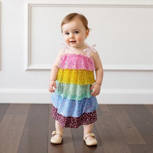 Kids Girls Dresses Tie up Sleeveless Sequins Contrast Color Layered Summer Dress Bowknot Strap A-line Sundress2