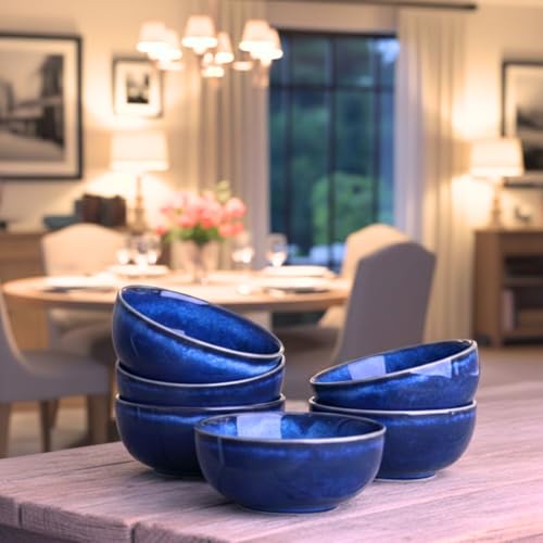 Image of Freakway Ceramic Bowls Set of 6, Reative Glaze Blue, Round, 180ml Capacity, Microwave and Dishwasher Safe-Midnight Blue-