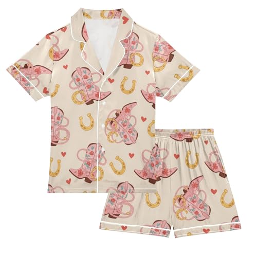 Satin Pajama Sets Short Sleeve Cowboy Boots Horseshoes Hearts Button Down Silky Nightwear 2 Piece PJS 5-14Y