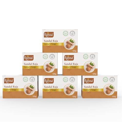Image of Raissa Sandal Raja Luxury Soap 125g (Pack of 6) | Pure Sandalwood Soap for Radiant, Smooth Skin | Brightening & Nourishing | BHT, Silicone, Mineral Oil & Paraben-Free | For Men & Women