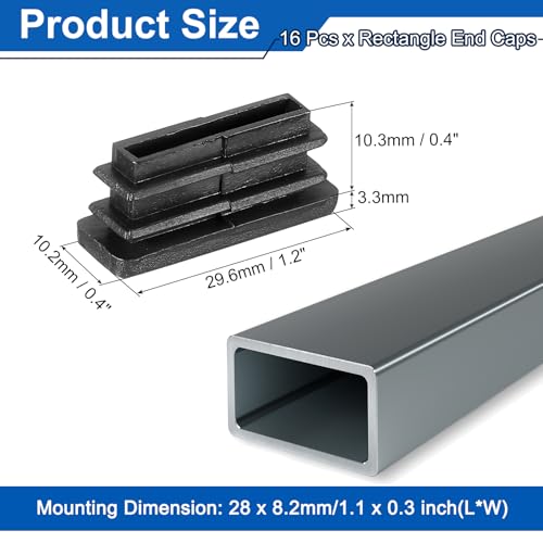 Image of uxcell 16 Pcs Rectangle Tubing End Caps 1 1 /8 x 3 /8 Inch Plastic Hole Plugs Insert End Cap for Metal Tubing Post Chair Leg Table Bookshelves Furniture, Black