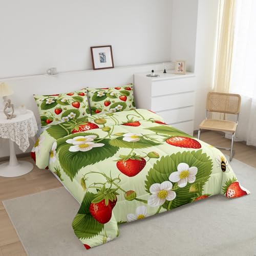 Image of Feelyou Strawberry with Floral Comforter Fruit Comforter Set for Kids Girls Botanical Flora Leaves Bedding Set Soft Quilt 1 Comforter Set with 1 Pillowcase Twin Size Boys