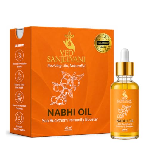 Image of Ved Sanjeevani Seabuckthorn Nabhi Oil Ayurvedic Belly Button Oil Immunity Booster Omega 3 6 7 9 Vitamins A C E K Skin Glow Energy Antioxidant Pechoti Therapy 30ML