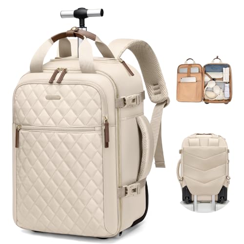 GOLF QUALITY Mochila con Rueda Adulto, Mochila Grande Hombre con Ruedas Compartimento Portatil 17 Pulgadas para Viaje, Trabajo, Universidad, Albaricoque